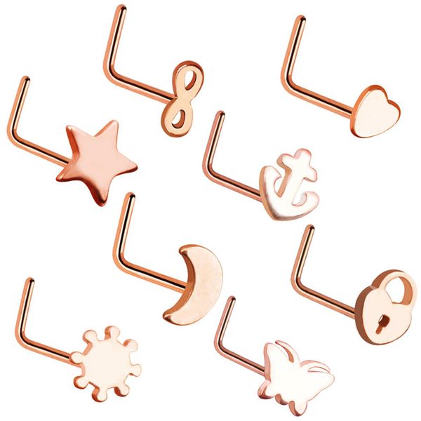 8pcs/lot nose rings studs 8 dainty anchor icon sun infinity heart star surgical steel l-shaped nose ring 2018, Silver
8pcs/lot nose rings studs 8 dainty anchor icon sun infinity heart star surgical steel l-shaped nose ring 2018, Silver