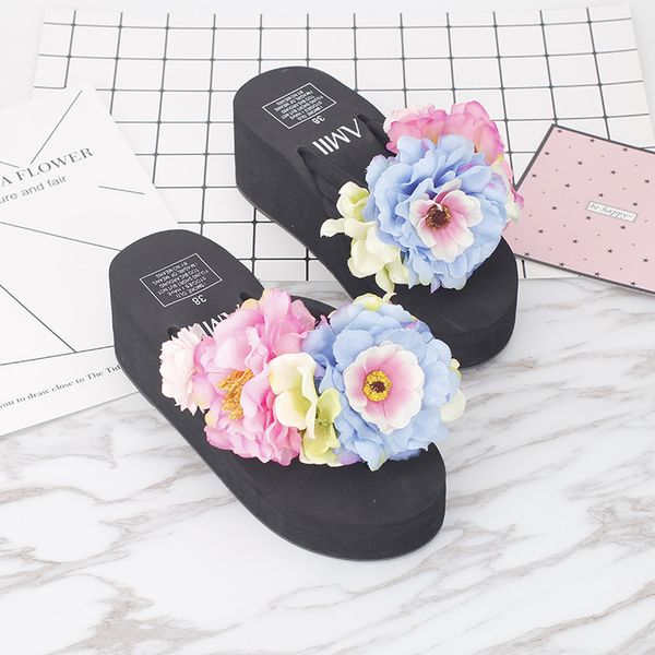 2019 women summer flip flops cause slippers beautiful flowers female high heel platform beach shoes online, Black
2019 women summer flip flops cause slippers beautiful flowers female high heel platform beach shoes online, Black