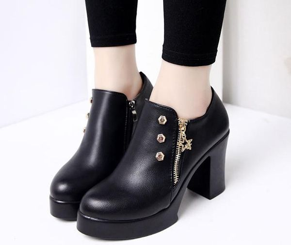 2018 rivet women's shoes in spring and autumn with new style high heel coarse heel round head, Black
2018 rivet women's shoes in spring and autumn with new style high heel coarse heel round head, Black