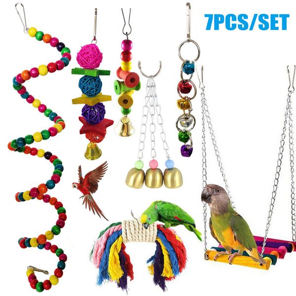 7pcs/set bird parrots toys chewing hanging bell pet cage hammock swing toys kit wooden bead h99f
7pcs/set bird parrots toys chewing hanging bell pet cage hammock swing toys kit wooden bead h99f