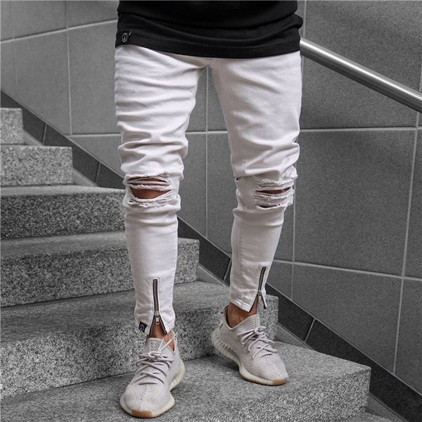 mens white ripped jeans fashion summer zipper casual pencil pants skinny mid waist jeans mens apparel, Blue 
mens white ripped jeans fashion summer zipper casual pencil pants skinny mid waist jeans mens apparel, Blue