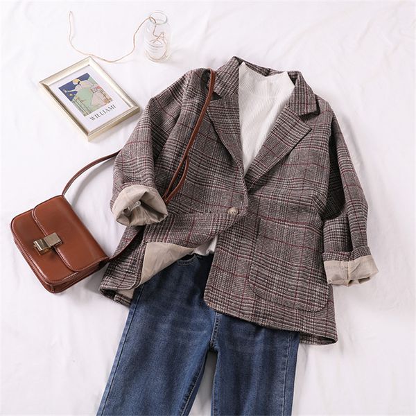 2019 autumn vintage office ladies plaid women jacket blazer long sleeve loose houndstooth suit coat casual female outwear r119, White;black
2019 autumn vintage office ladies plaid women jacket blazer long sleeve loose houndstooth suit coat casual female outwear r119, White;black