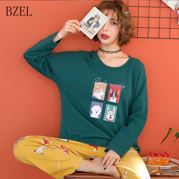 

bzel 2019 new spring cotton girl cartoon pajamas sets long sleeved casual pyjamas women round neck sleep lounge pijama mujer xxl, Blue;gray