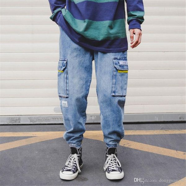 men harajuku denim pants hip hop cargo pants streetwear baggy jeans harem pants joggers casual multi-pocket trousers, Blue 
men harajuku denim pants hip hop cargo pants streetwear baggy jeans harem pants joggers casual multi-pocket trousers, Blue