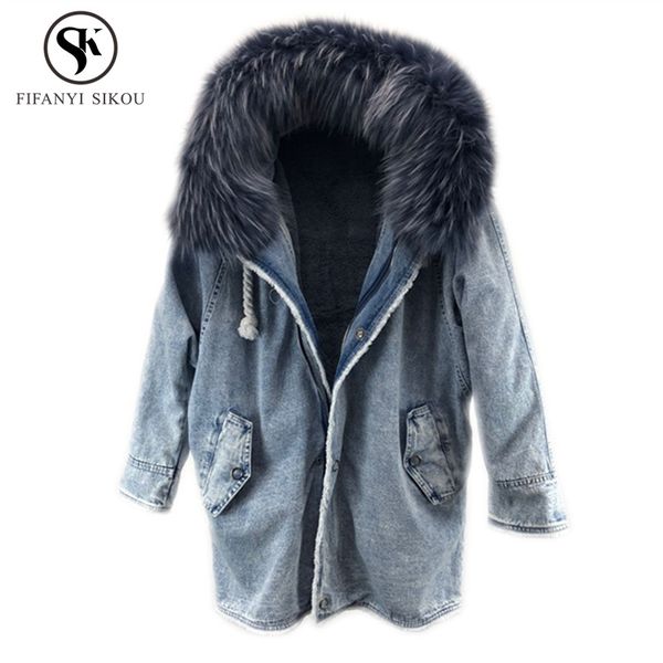 2018 winter women parka fashion raccoon dog fur collar denim wadded jacket female fur lining warm parkas hooded coats, Black
2018 winter women parka fashion raccoon dog fur collar denim wadded jacket female fur lining warm parkas hooded coats, Black