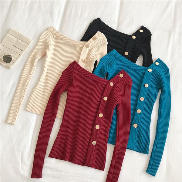 pullovers 2020 spring & autumn solid button skew collar women sweaters stretch slim casual all match pull femme, White;black
pullovers 2020 spring & autumn solid button skew collar women sweaters stretch slim casual all match pull femme, White;black