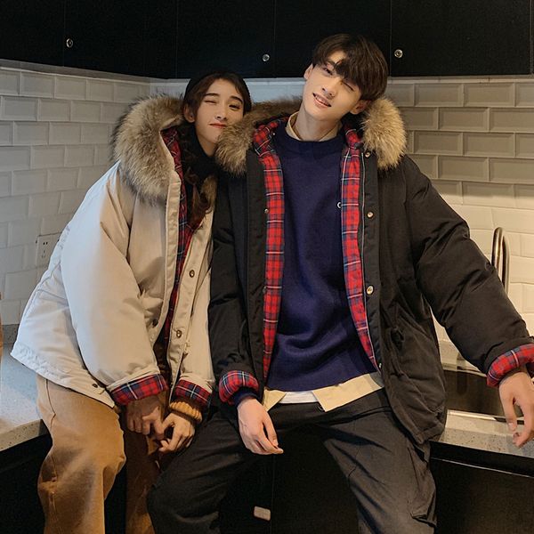 winter 2019 new korean version of the loose trend japanese plaid hit color large fur collar hooded couple casual cotton coat, Black
winter 2019 new korean version of the loose trend japanese plaid hit color large fur collar hooded couple casual cotton coat, Black
