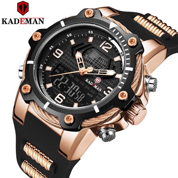 

kademan fashion men's sport quartz watch man multifunction waterproof luminous wristwatch men dual dispay clock horloges mannen, Slivery;brown
