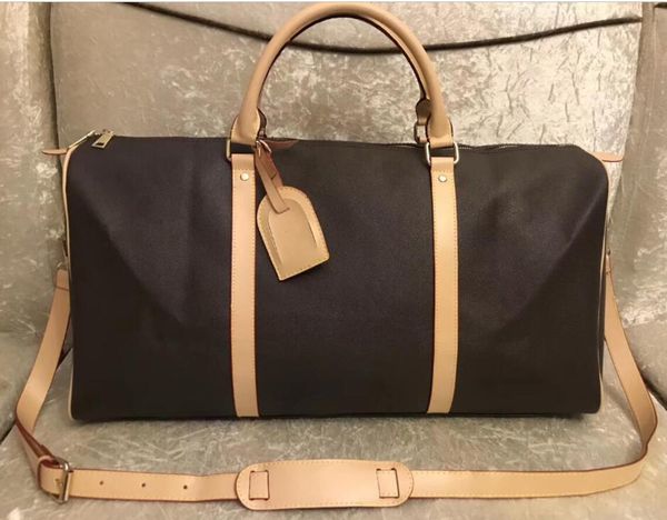 55cm large capacity women travel bags men shoulder duffel bags carry on luggage keepall bottom rivets with lock head backpack 
55cm large capacity women travel bags men shoulder duffel bags carry on luggage keepall bottom rivets with lock head backpack