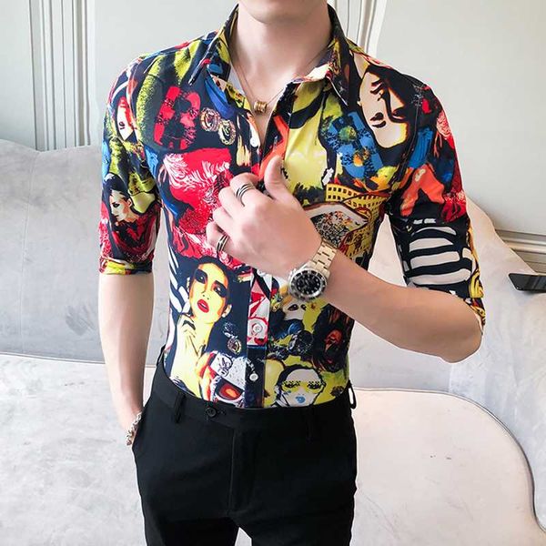 men's casual shirts chemise homme 2021 summer half sleeve shirt men korean fashion slim fit beauty print streetwear blouses, White;black
men's casual shirts chemise homme 2021 summer half sleeve shirt men korean fashion slim fit beauty print streetwear blouses, White;black
