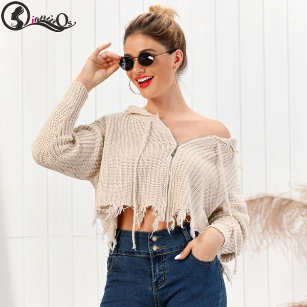 knit cardigan women's sweater fashion hooded solid sweater short tassel casual zip jacket, White
knit cardigan women's sweater fashion hooded solid sweater short tassel casual zip jacket, White