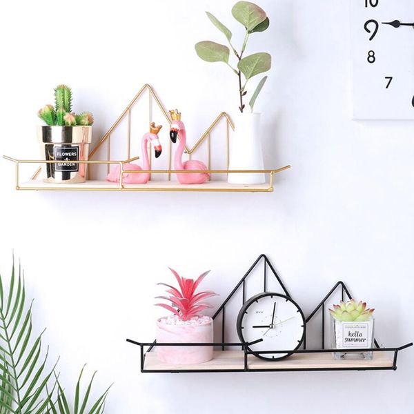 2pcs wooden metal shelf hexagon design wall-mounted shelves wall storage rack