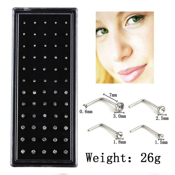 

charm 60pcs/set stainless steel cz crystal l shape nose ring body piercing stud rings wholesale #281671, Slivery;golden