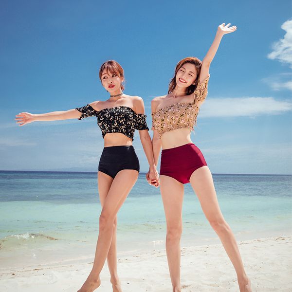 korean women bikinis set high waist swimwear cute floral print off shoulder sierra crop swimsuit chic bathing suits, White;black
korean women bikinis set high waist swimwear cute floral print off shoulder sierra crop swimsuit chic bathing suits, White;black