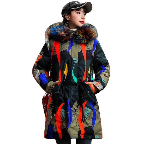 2019 new design winter women jacket with fur hooded printing female warm down coat long padded parka mujer invierno, Black
2019 new design winter women jacket with fur hooded printing female warm down coat long padded parka mujer invierno, Black