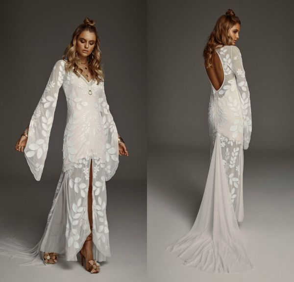 2019 vintage mermaid wedding dresses v neck lace appliques sweep train bohemian wedding dress long sleeve hollow back beach bridal gowns, White
2019 vintage mermaid wedding dresses v neck lace appliques sweep train bohemian wedding dress long sleeve hollow back beach bridal gowns, White