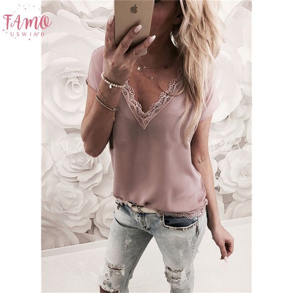 plus size women blouse and summer casual loose solid lace v neck chiffon blouses female shirts vest blusa, White 
plus size women blouse and summer casual loose solid lace v neck chiffon blouses female shirts vest blusa, White