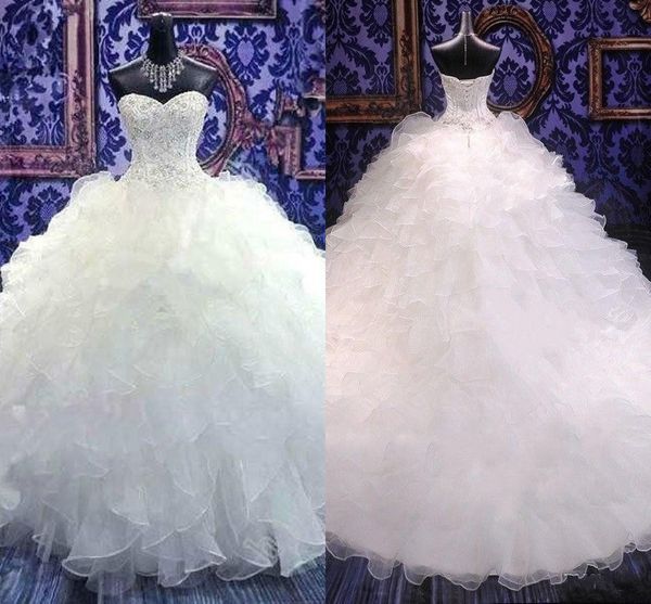 2020 a line wedding dresses sweetheart lace appliques beaded long cathedral train organza ruffles tiered ball gown formal bridal gowns, White
2020 a line wedding dresses sweetheart lace appliques beaded long cathedral train organza ruffles tiered ball gown formal bridal gowns, White