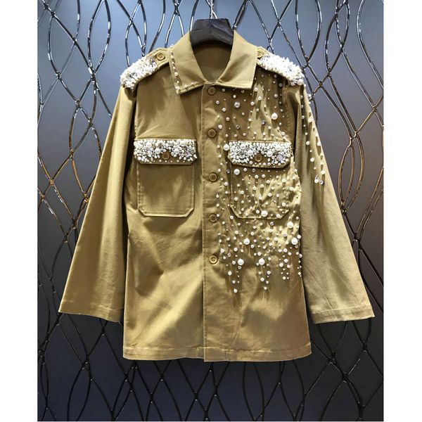 new arribal women pearl trench luxury heavy beaded nail drill decorative symmetrical pocket epaulettes loose coat, Tan;black
new arribal women pearl trench luxury heavy beaded nail drill decorative symmetrical pocket epaulettes loose coat, Tan;black