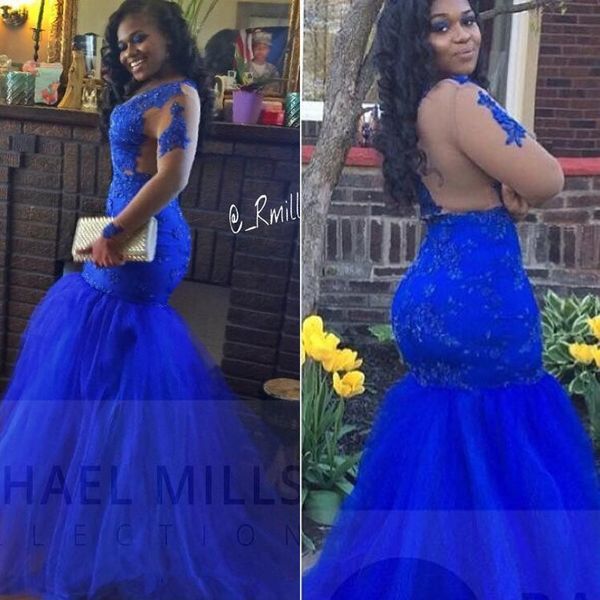 2019 sheer long sleeves lace mermaid prom dresses black girls royal blue lace applique sweep train formal party evening gowns
2019 sheer long sleeves lace mermaid prom dresses black girls royal blue lace applique sweep train formal party evening gowns