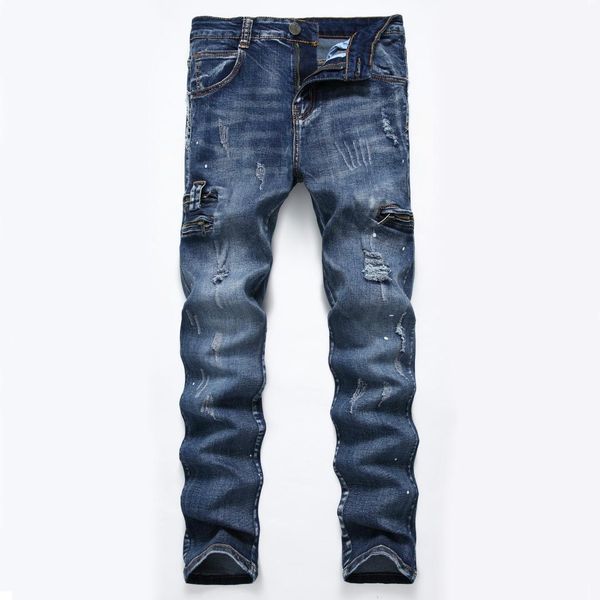 new mens ripped jeans straight slim with zipper pocket decoration holes distressed denim pants streetwear elastic jeans trousers, Blue
new mens ripped jeans straight slim with zipper pocket decoration holes distressed denim pants streetwear elastic jeans trousers, Blue