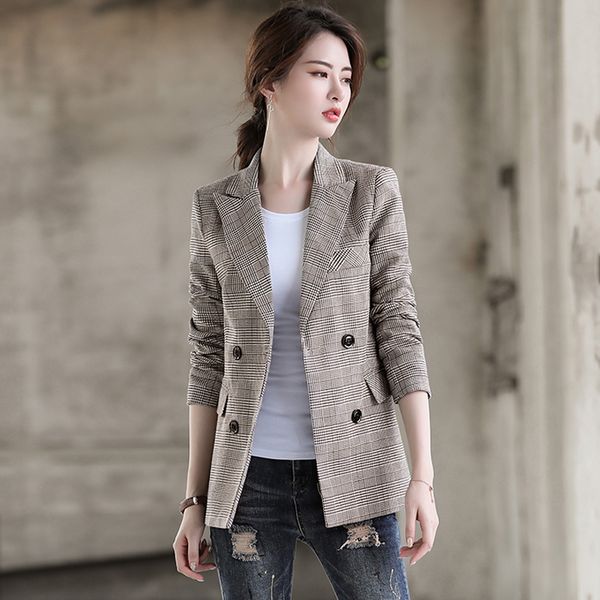 2019 new office ladies plaid blazer long sleeve double breasted jacket with pocket, White;black
2019 new office ladies plaid blazer long sleeve double breasted jacket with pocket, White;black