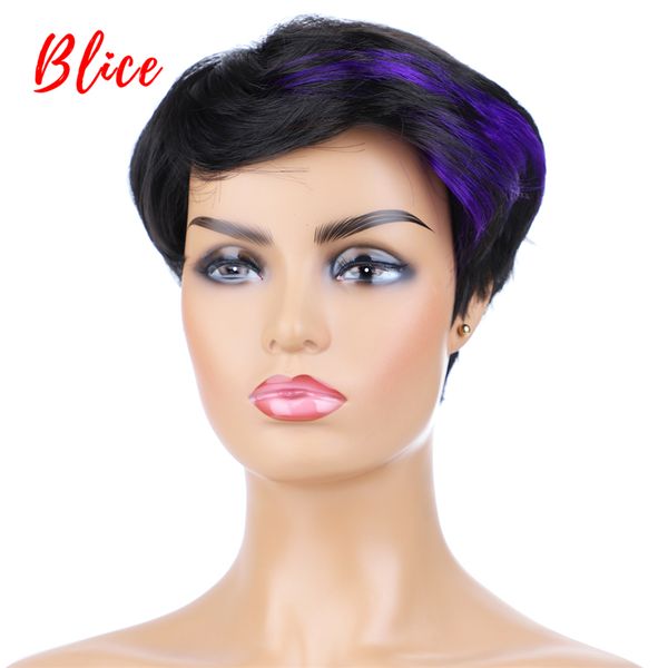 

blice for black women synthetic wigs straight nature wavy ft2/dark purple with curly bang short heat resistant wig mix color