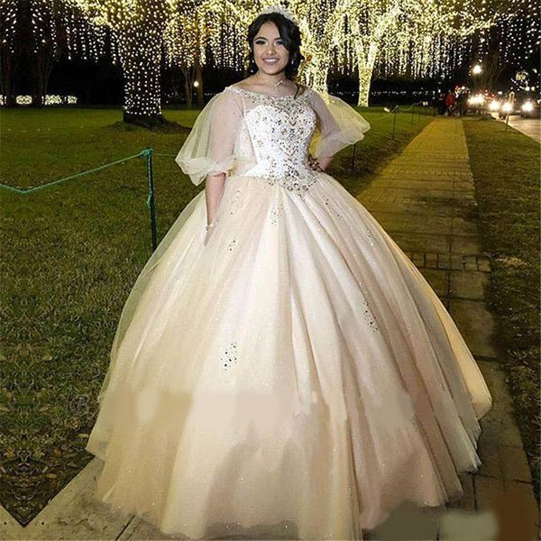 arabic luxury crystal beaded bateau neckline illusion half sleeves ball gown evening dresses with sweep train plus size quinceanera dresses, Blue;red
arabic luxury crystal beaded bateau neckline illusion half sleeves ball gown evening dresses with sweep train plus size quinceanera dresses, Blue;red