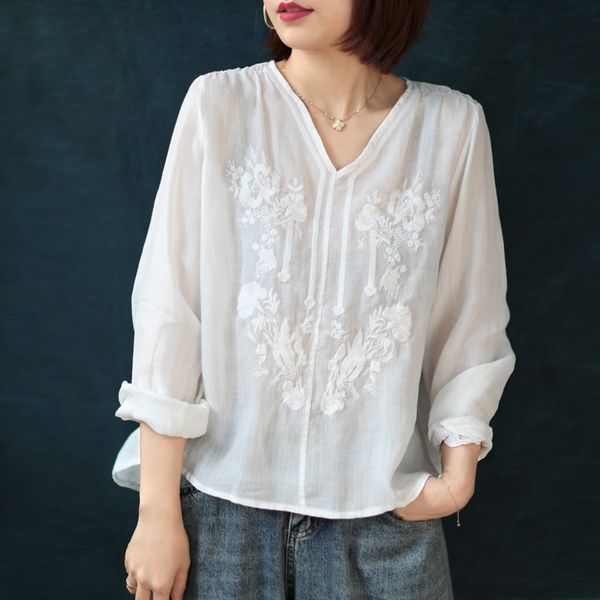 women's blouses & shirts vintage ethnic embroidery v-neck long sleeve cotton linen shirt blouse mori girl, White
women's blouses & shirts vintage ethnic embroidery v-neck long sleeve cotton linen shirt blouse mori girl, White