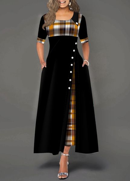 fashionable round collar color contrast medium sleeve irregular skirt, women's half sleeve plaid print button detail dress 2020, Black;gray
fashionable round collar color contrast medium sleeve irregular skirt, women's half sleeve plaid print button detail dress 2020, Black;gray