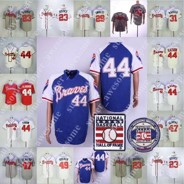 44 Hank Aaron Jersey With HALL OF FAME PATCH 23 David Justice 47 Tom Glavine 29 John Smoltz 49 Rocker Braves Baseball Jerseys White Grey Red
44 Hank Aaron Jersey With HALL OF FAME PATCH 23 David Justice 47 Tom Glavine 29 John Smoltz 49 Rocker Braves Baseball Jerseys White Grey Red