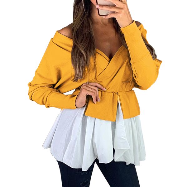 wenyujh fall v-neck cross strapless irregular stitching solid color long sleeve pullover new style trendy ladies blusas, White
wenyujh fall v-neck cross strapless irregular stitching solid color long sleeve pullover new style trendy ladies blusas, White