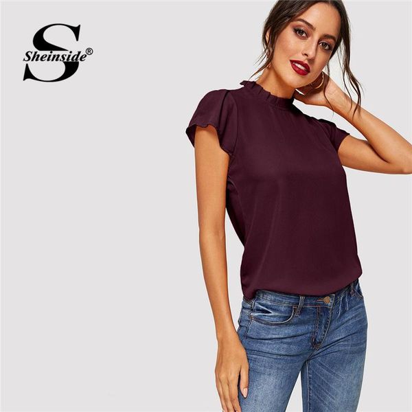 

sheinside summer blouse women frill neck keyhole back 2019 maroon navy solid cap sleeve casual womens and blouses, White