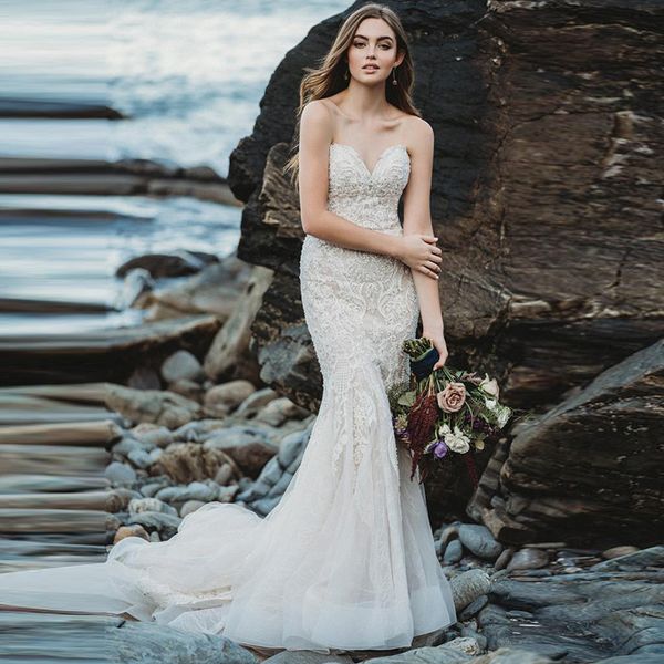 beach mermaid wedding dresses strapless full lace appliques bridal gowns sweep train tulle illusion wedding party dress, White
beach mermaid wedding dresses strapless full lace appliques bridal gowns sweep train tulle illusion wedding party dress, White