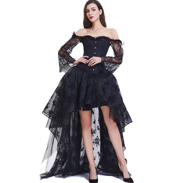 women halloween burlesque dancing corset skirt set of sheer flare floral lace long sleeve lolita ruffle push up bra corset and hi-lo skirt, Black;white
women halloween burlesque dancing corset skirt set of sheer flare floral lace long sleeve lolita ruffle push up bra corset and hi-lo skirt, Black;white