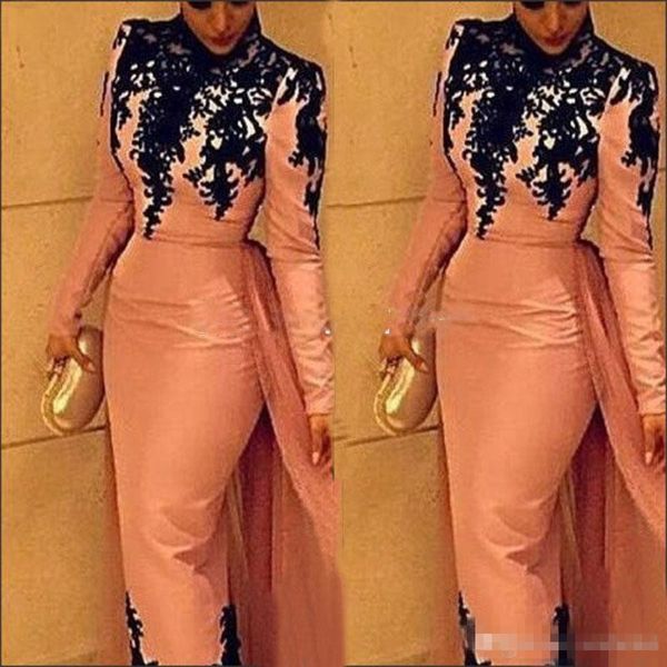 2019 pink long sleeves high neck evening dresses with overskirt tulle chiffon black lace applique custom made formal occasion wear, Black;red
2019 pink long sleeves high neck evening dresses with overskirt tulle chiffon black lace applique custom made formal occasion wear, Black;red