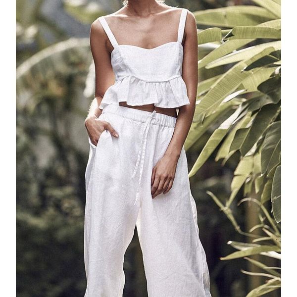 women solid spaghetti strap straps two piece set 2019 new crop wide leg pants casual suits female outfits, White
women solid spaghetti strap straps two piece set 2019 new crop wide leg pants casual suits female outfits, White