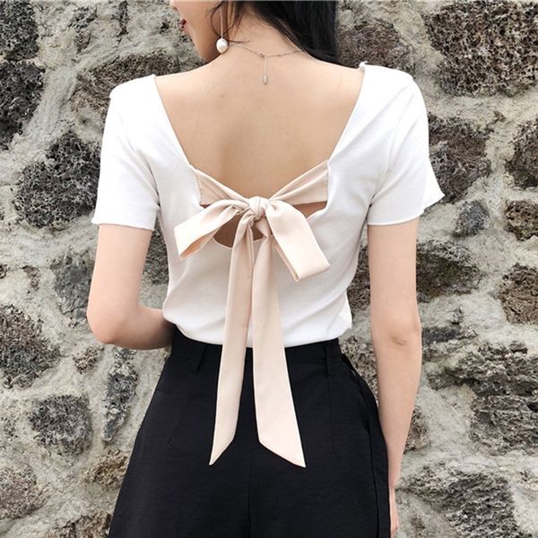 2020 women back lace up bow t shirt ladies slash neck short sleeve fashion female slim solid color backless tees, White
2020 women back lace up bow t shirt ladies slash neck short sleeve fashion female slim solid color backless tees, White