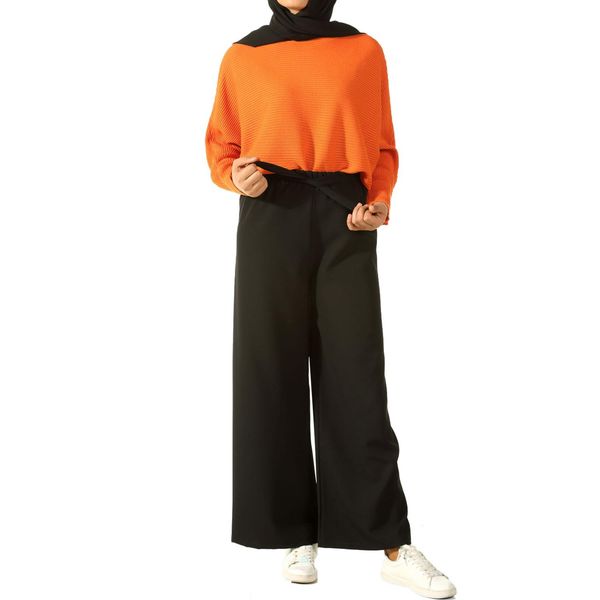 hijab elastic waist wide leg pants, Black;white
