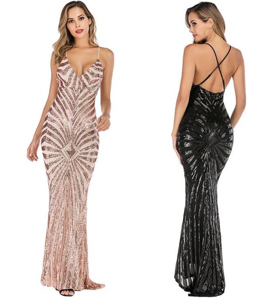 evening club mermaid dress elegant deep v neck party dresses gold sequined maxi dresses backless bodycon, Black;red 
evening club mermaid dress elegant deep v neck party dresses gold sequined maxi dresses backless bodycon, Black;red