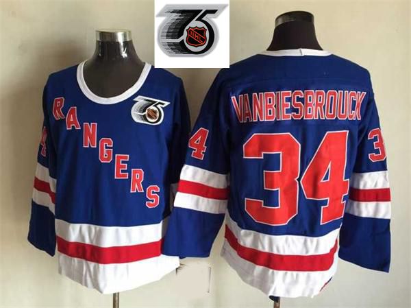 

vintage 1991-1992 mens john vanbiesbrouck hockey jerseys new york rangers 75th anniversary blue stitched jersey m-xxxl, Black;red