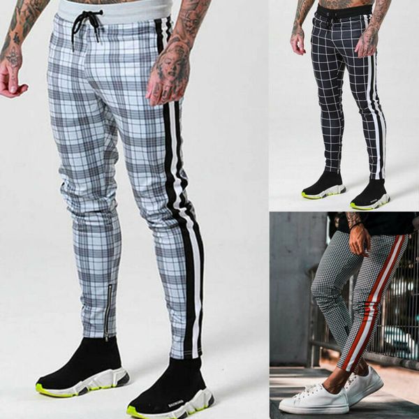 men sport long pants slim fit trousers running joggers gym plaid high waist elastic pencil pants, White;black
men sport long pants slim fit trousers running joggers gym plaid high waist elastic pencil pants, White;black