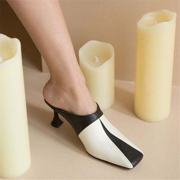 slippers pxelena chic contrast color strange high heels summer lady square toe mules genuine leather slides women shoes, Black
slippers pxelena chic contrast color strange high heels summer lady square toe mules genuine leather slides women shoes, Black