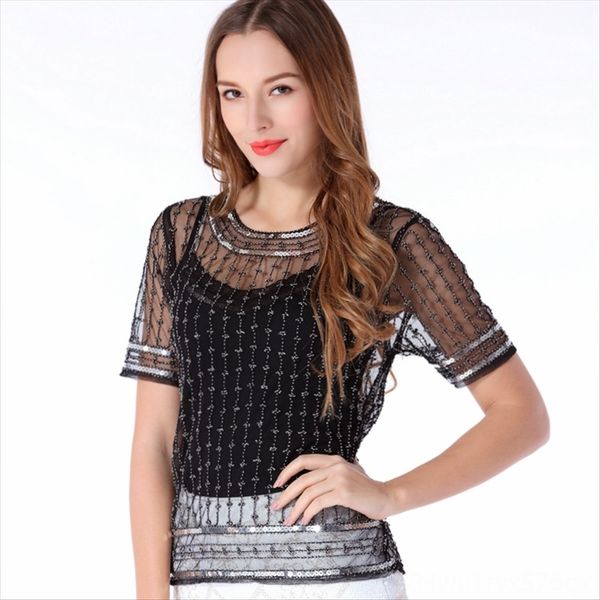 mesh perspective base shirt heavy industry beaded shirt pullover all-match pullover short sleeve female, White
mesh perspective base shirt heavy industry beaded shirt pullover all-match pullover short sleeve female, White