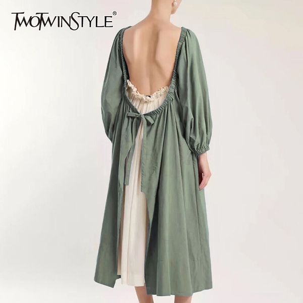 twotwinstyle backless women dress o neck puff sleeve high waist hit color bandages midi dresses female fashion summer new, Black;gray
twotwinstyle backless women dress o neck puff sleeve high waist hit color bandages midi dresses female fashion summer new, Black;gray
