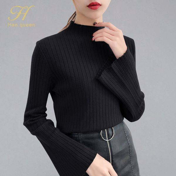h han queen half turtleneck pullovers women sweater flare sleeve skinny elastic knitted soft femme autumn 2019 jumper casual top, White;black
h han queen half turtleneck pullovers women sweater flare sleeve skinny elastic knitted soft femme autumn 2019 jumper casual top, White;black