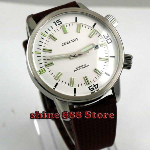 2018 diver corgeut 45mm mechanical watches white dial luminous hands 21 jewels miyota automatic men's wristwatch, Slivery;brown
2018 diver corgeut 45mm mechanical watches white dial luminous hands 21 jewels miyota automatic men's wristwatch, Slivery;brown