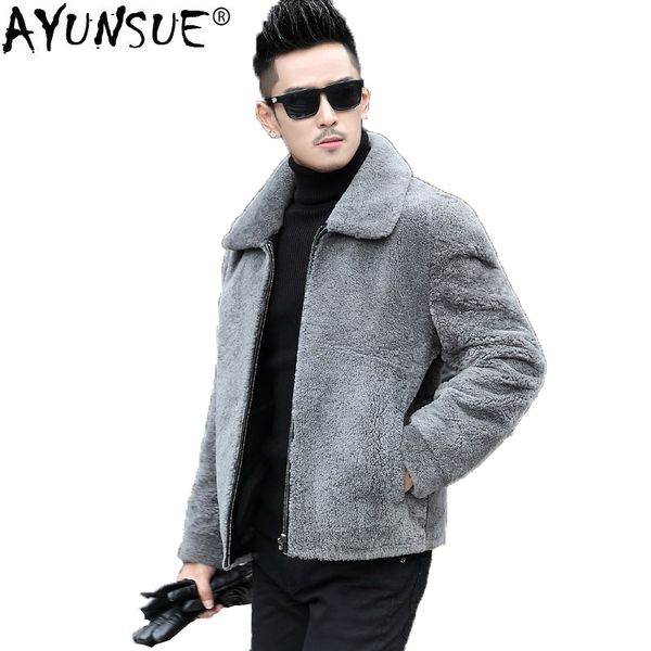 

ayunsue men's sheep shearling jacket real fur coat men winter jacket man short warm wool jackets and coats mantel herren kj1402, Black