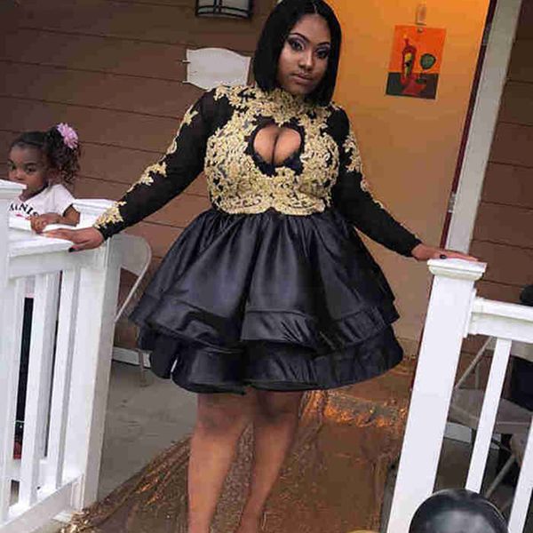 little black dress with gold lace plus size hollow front high neck long sleeve knee length short prom evening party gowns customize
little black dress with gold lace plus size hollow front high neck long sleeve knee length short prom evening party gowns customize