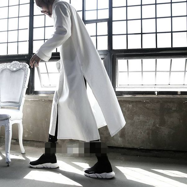 super long dark long-sleeved men's shirt side slits tide men's shirt hair stylist nightclub hair stylist hip hop loose, White;black 
super long dark long-sleeved men's shirt side slits tide men's shirt hair stylist nightclub hair stylist hip hop loose, White;black